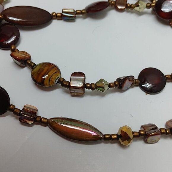 2/$30 Brown Glass Bronze Tone Pearls Necklace Beads Boho Retro Vintage doble 20" - Picture 7 of 8